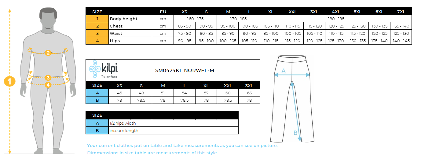 Men´s cross country pants Kilpi NORWELL-M – Size chart
