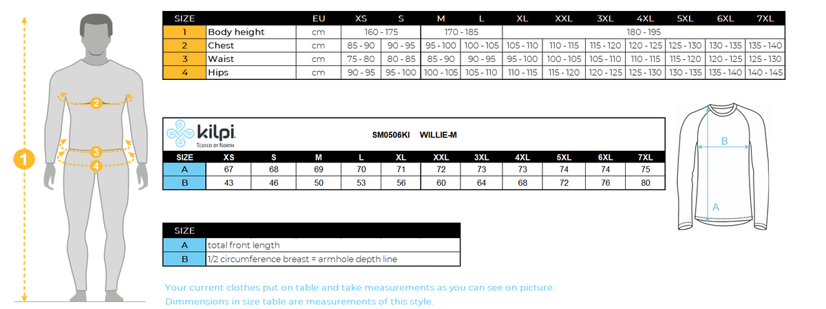 Herren-Unterhemd Kilpi WILLIE-W – Größentabelle