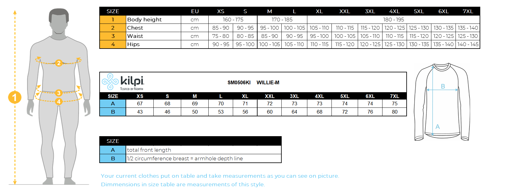 Herren-Unterhemd Kilpi WILLIE-W – Größentabelle