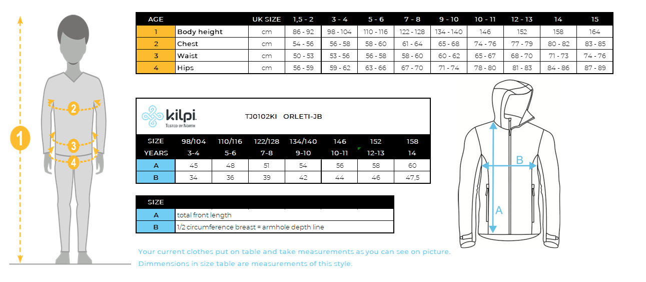 Jungen-Outdoorjacke Kilpi ORLETI-JB – Größentabelle