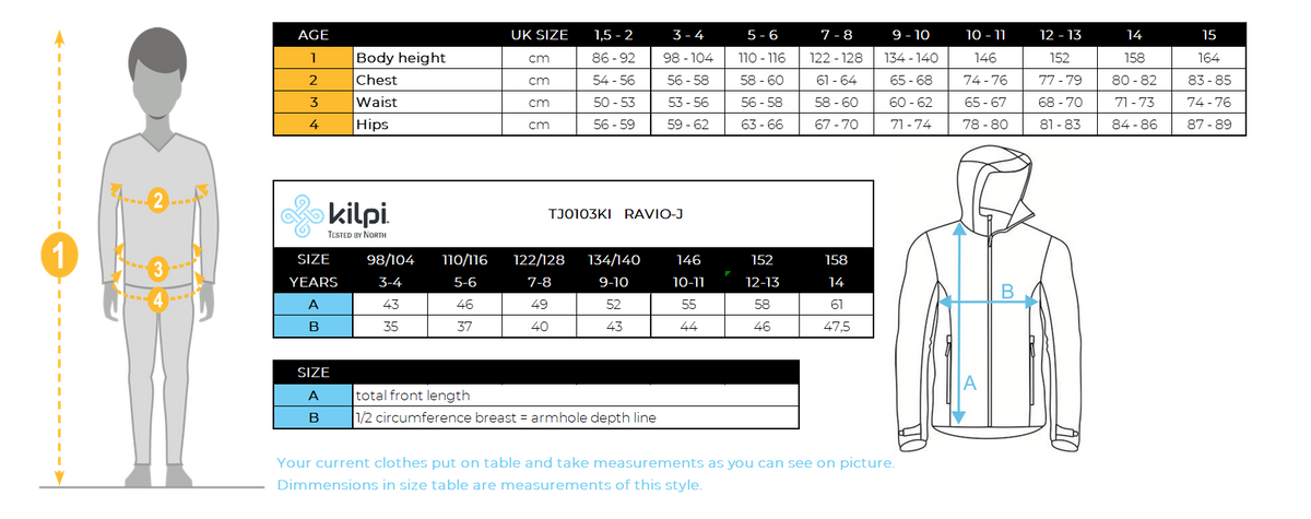 Jungen-Softshelljacke Kilpi RAVIO-J – Größentabelle