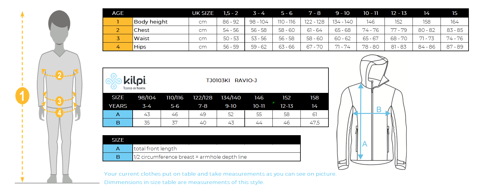 Jungen-Softshelljacke Kilpi RAVIO-J – Größentabelle