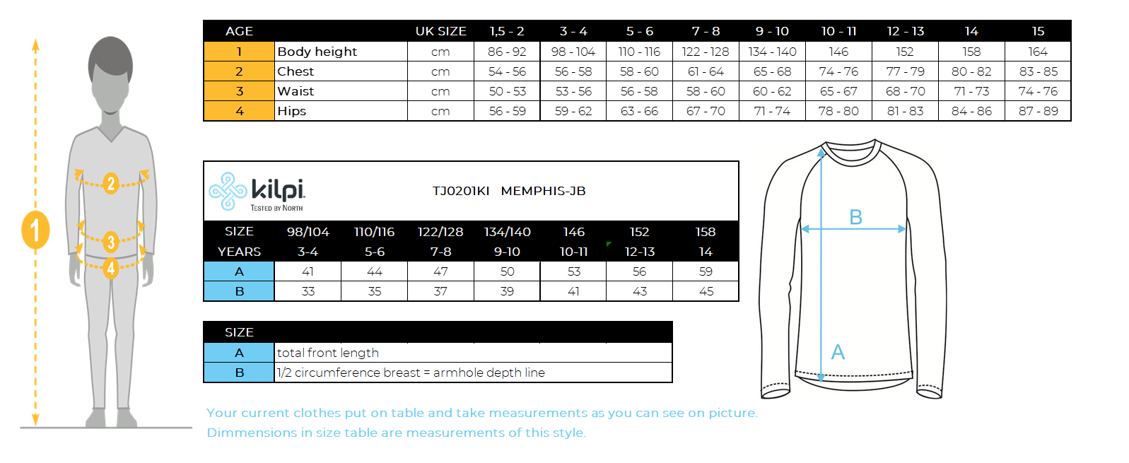 Technisches Sweatshirt für Jungen Kilpi MEMPHIS-JB – Größentabelle