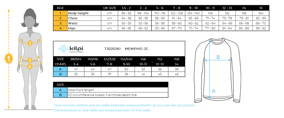 Technisches Sweatshirt für Mädchen Kilpi MEMPHIS-JG – Größentabelle