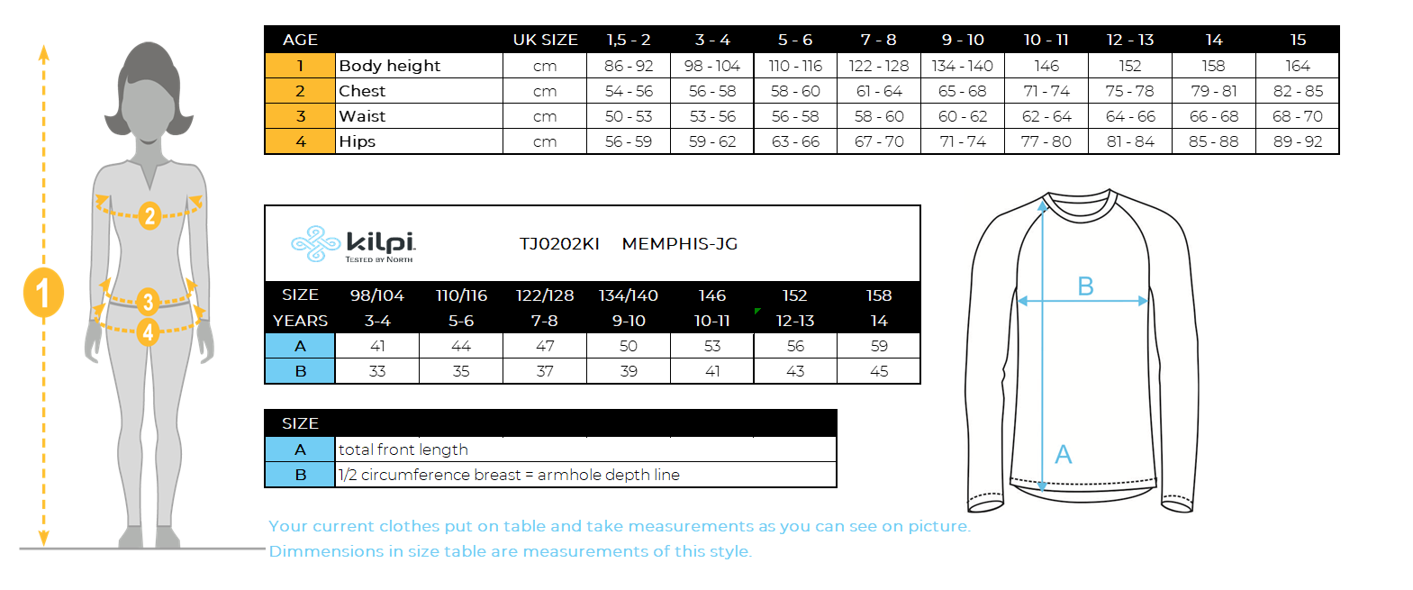 Technisches Sweatshirt für Mädchen Kilpi MEMPHIS-JG – Größentabelle