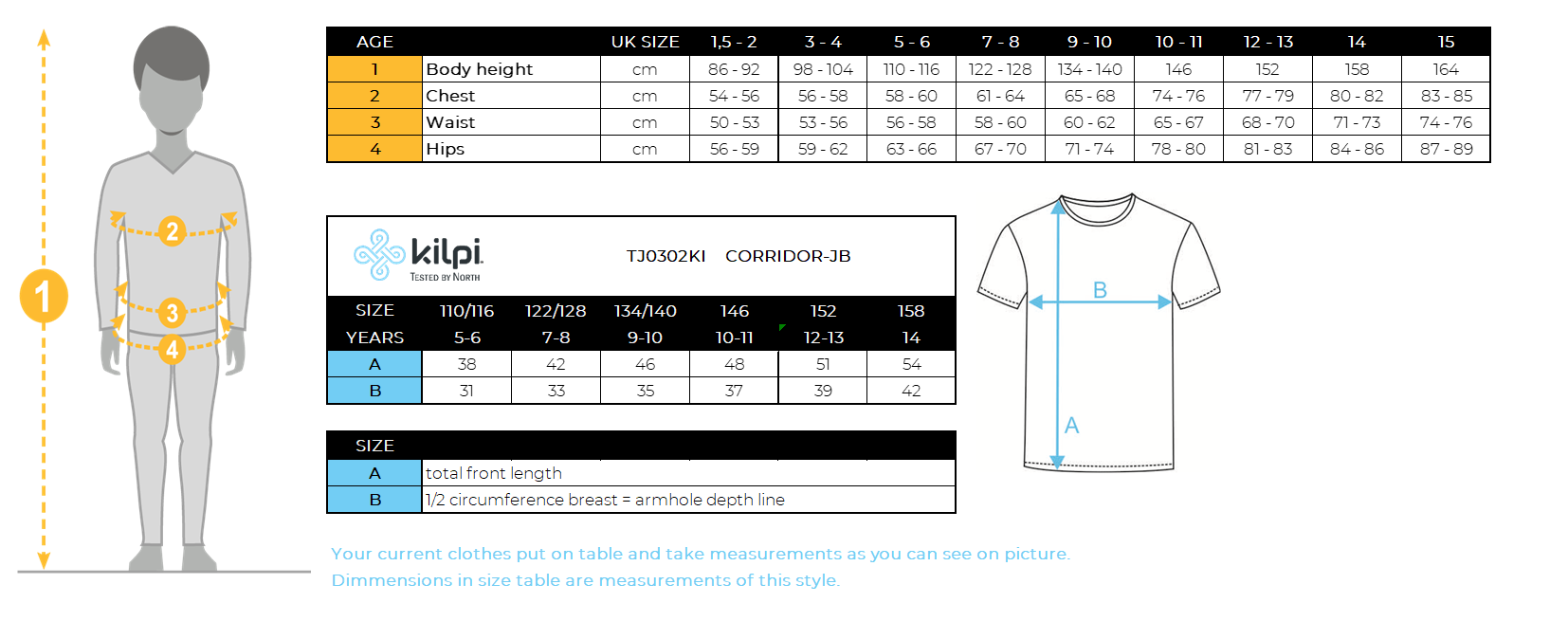 Boy´s cycling jersey Kilpi CORRIDOR-JB – Size chart