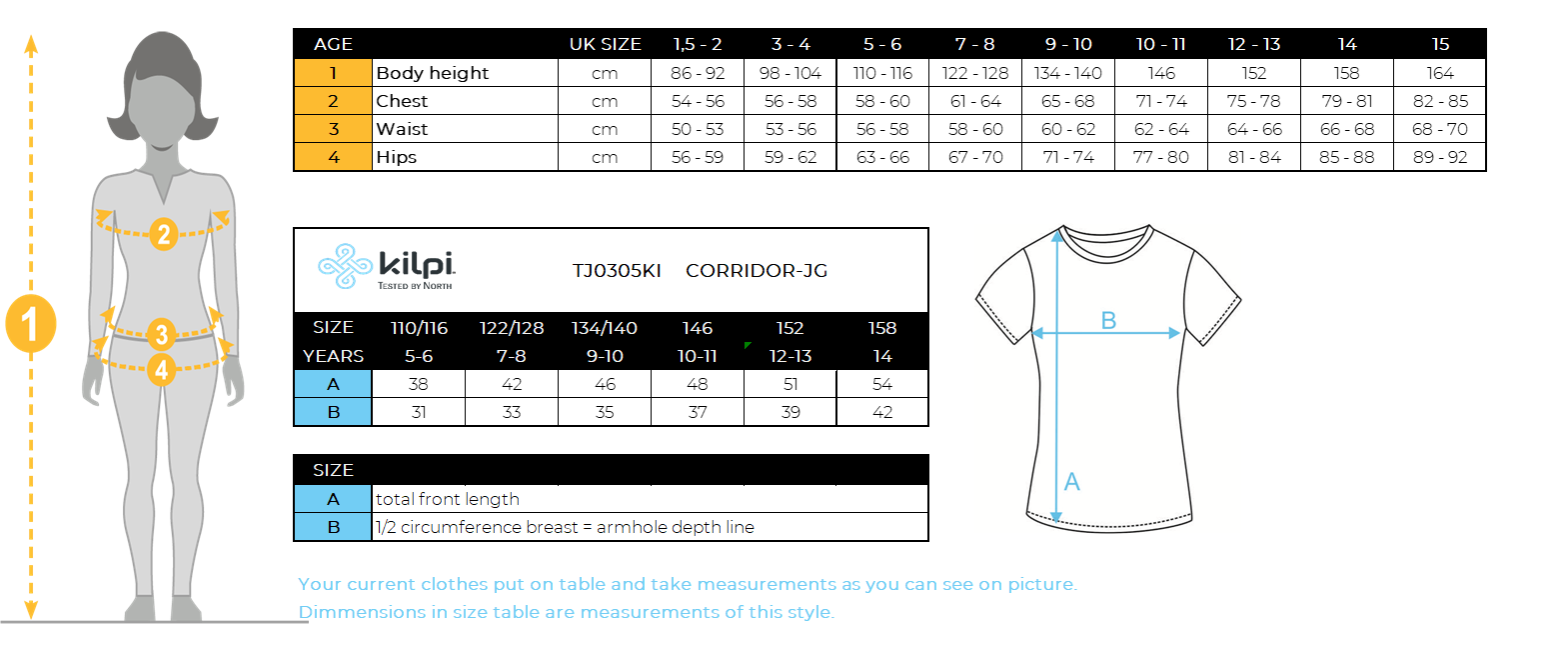 Mädchen-Radtrikot Kilpi CORRIDOR-JG – Größentabelle