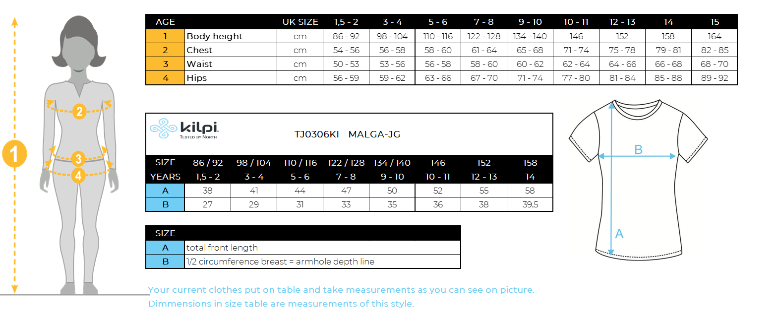 Girl´s cotton T-shirt Kilpi MALGA-JG – Size chart