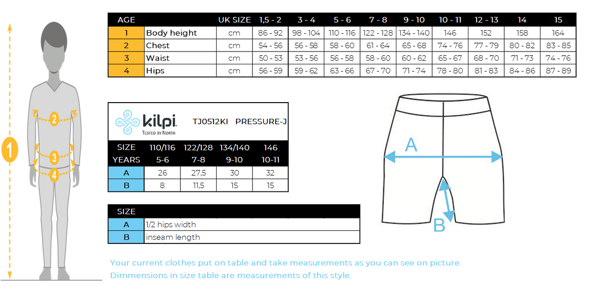 Kinder-Radhose Kilpi PRESSURE-J – Größentabelle