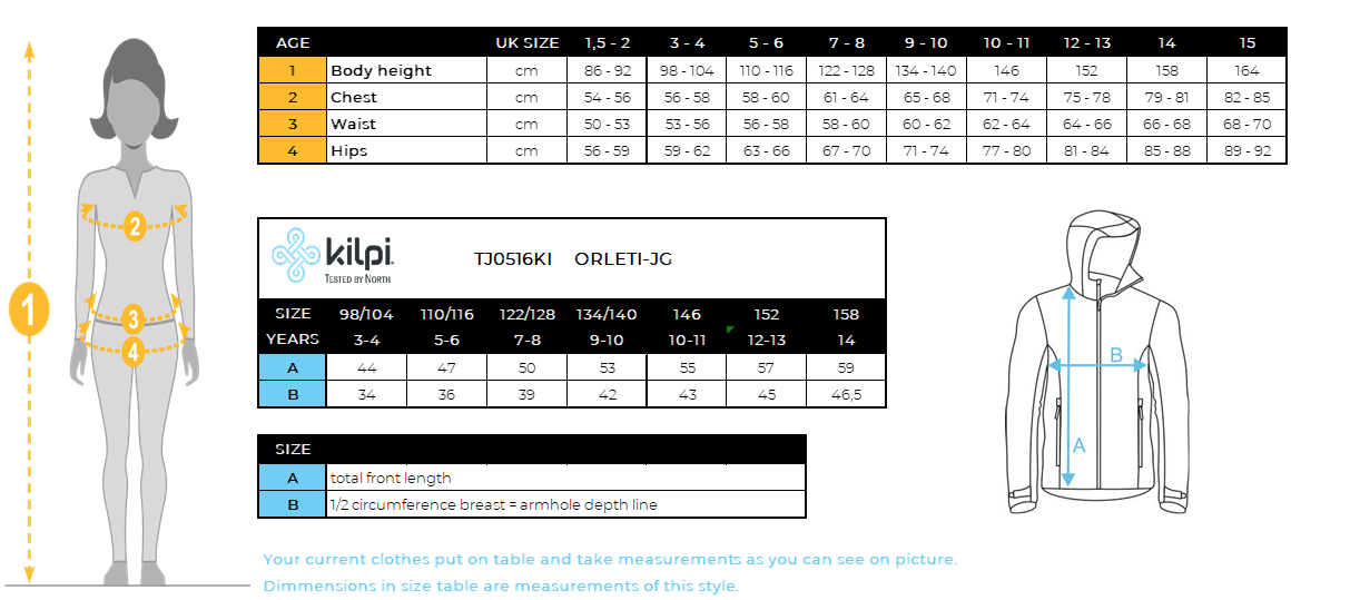 Girl´s outdoor jacket Kilpi ORLETI-JG – Size chart