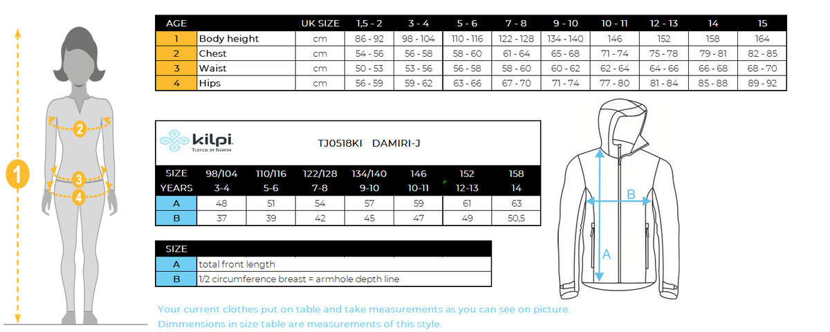 Kids waterproof jacket Kilpi DAMIRI-J – Size chart