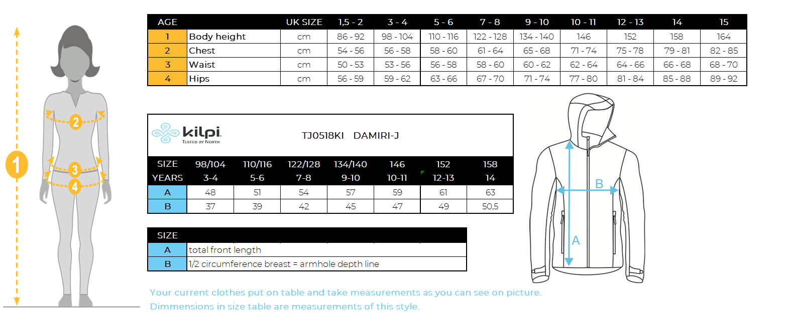 Kids waterproof jacket Kilpi DAMIRI-J – Size chart