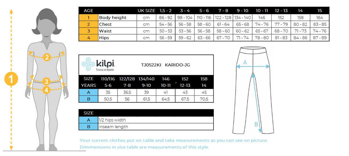 Mädchen Outdoorhose Kilpi KARIDO-JG – Größentabelle
