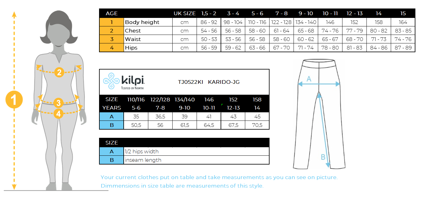 Mädchen Outdoorhose Kilpi KARIDO-JG – Größentabelle