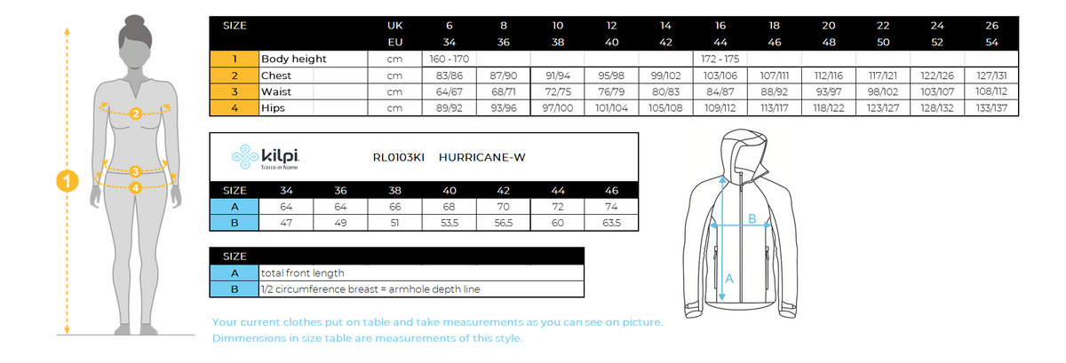 Damen-Membranjacke Kilpi HURRICANE-W – Größentabelle