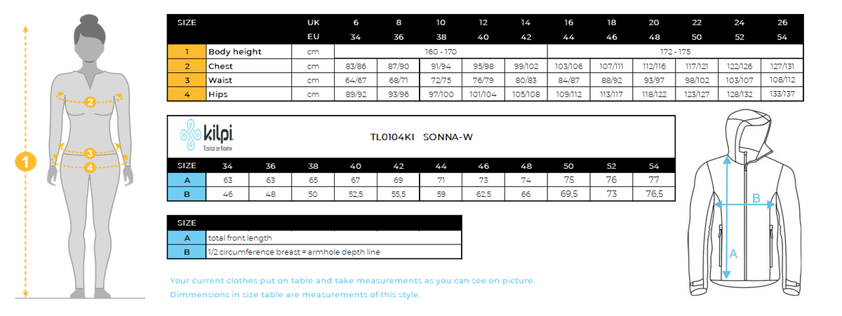 Damen Outdoorjacke Kilpi SONNA-W – Größentabelle