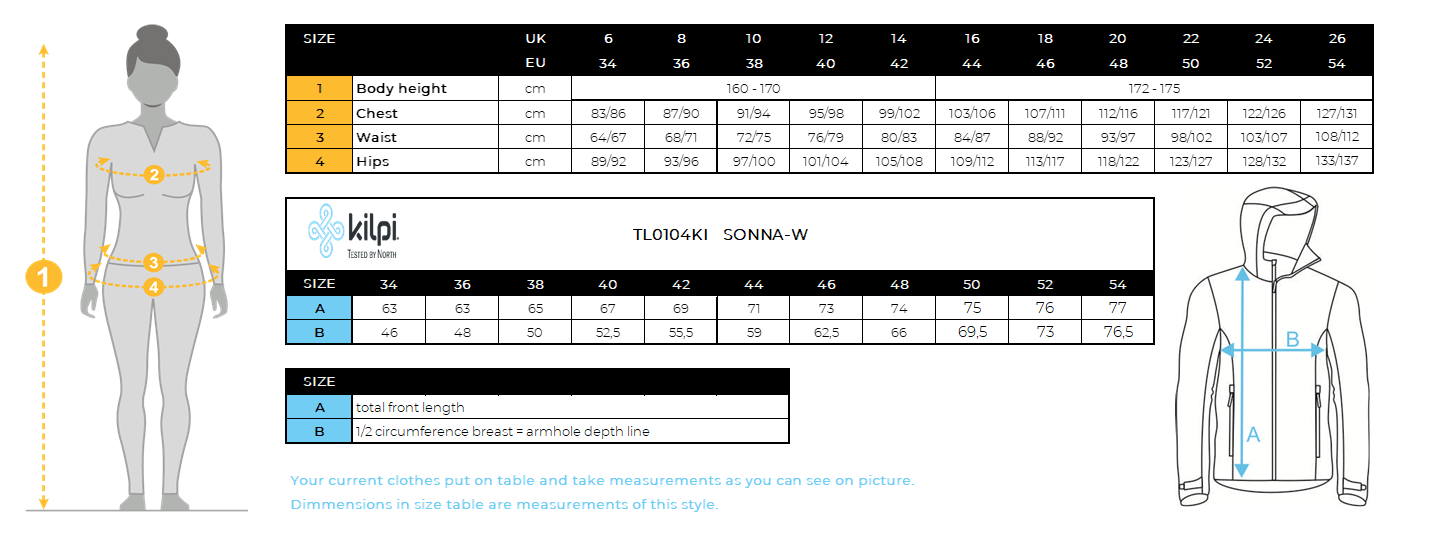 Damen Outdoorjacke Kilpi SONNA-W – Größentabelle