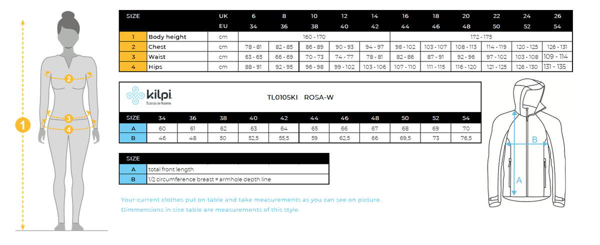 Damen Outdoor- oder Lauf-Windjacke Kilpi ROSA-W – Größentabelle