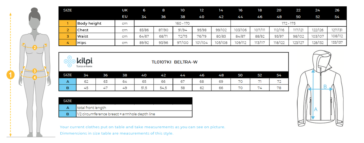 Women´s softshell jacket Kilpi BELTRA-W – Size chart