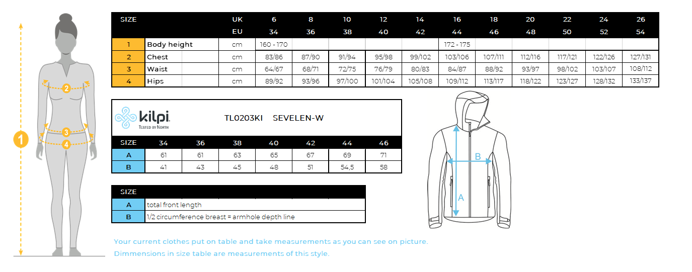 Women´s stretch middle layer Kilpi SEVELEN-W – Size chart