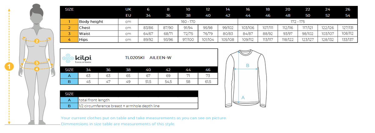 Damen-Fitness-Hoodie Kilpi AILEEN-W – Größentabelle