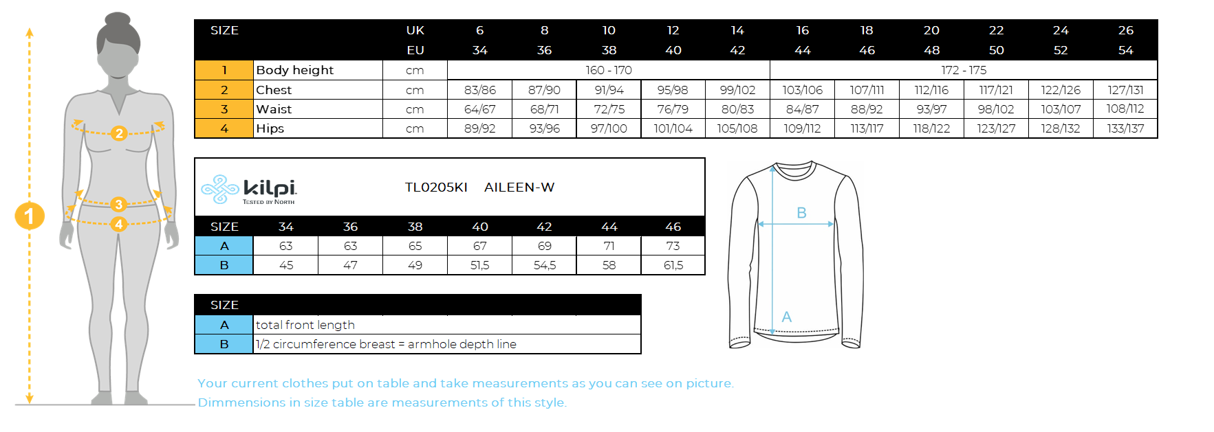 Damen-Fitness-Hoodie Kilpi AILEEN-W – Größentabelle