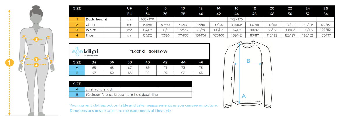 Damen-Kapuzenpullover aus Baumwolle Kilpi SOHEY-W – Größentabelle