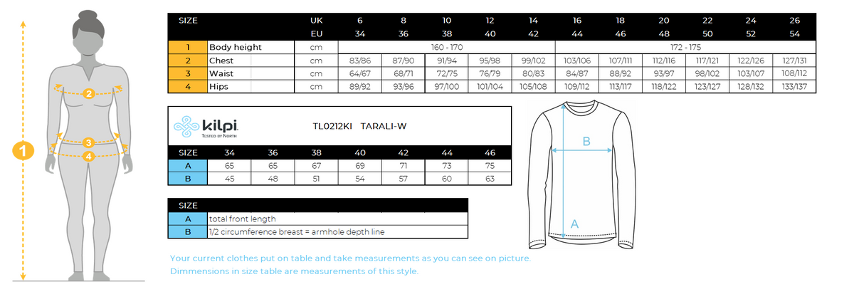 Damen-Baumwoll-Sweatshirt Kilpi TARALI-W – Größentabelle