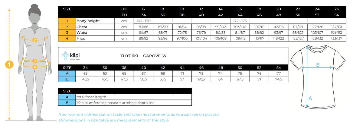 Women´s functional T-shirt Kilpi GAROVE-W – Size chart