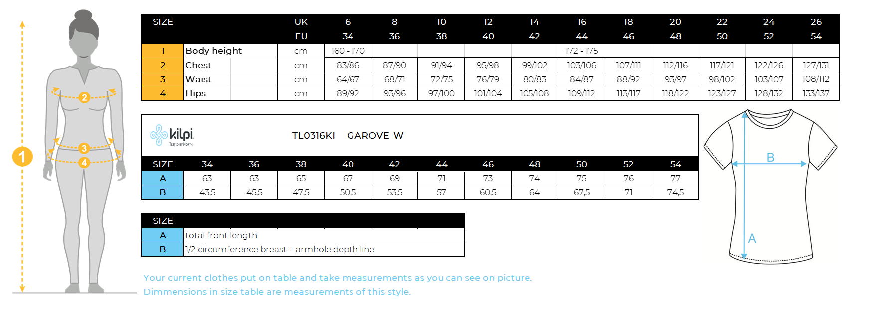 Women´s functional T-shirt Kilpi GAROVE-W – Size chart