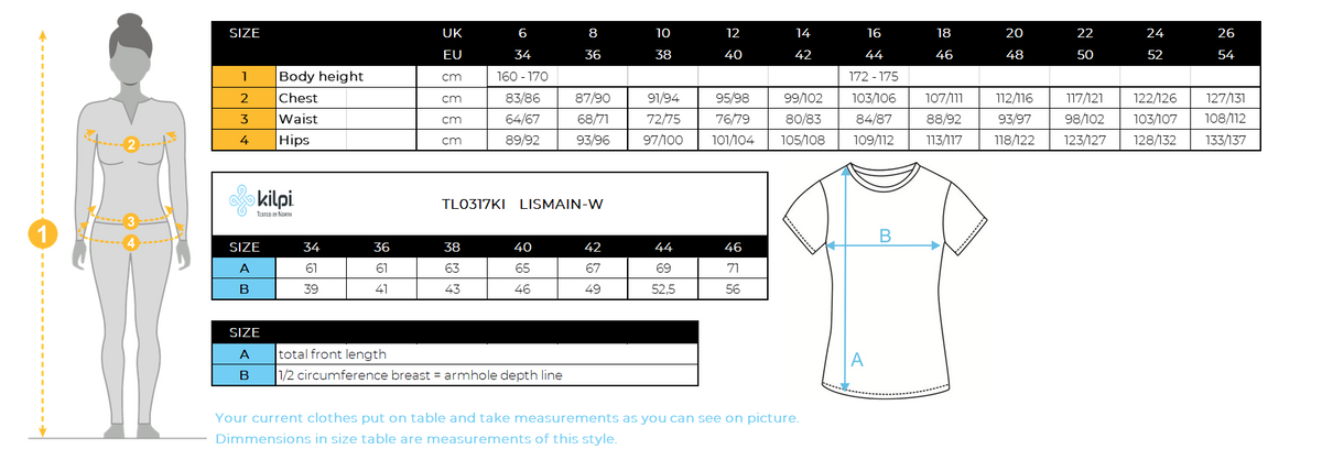 Women's functional T-shirt Kilpi LISMAIN-W – Size chart