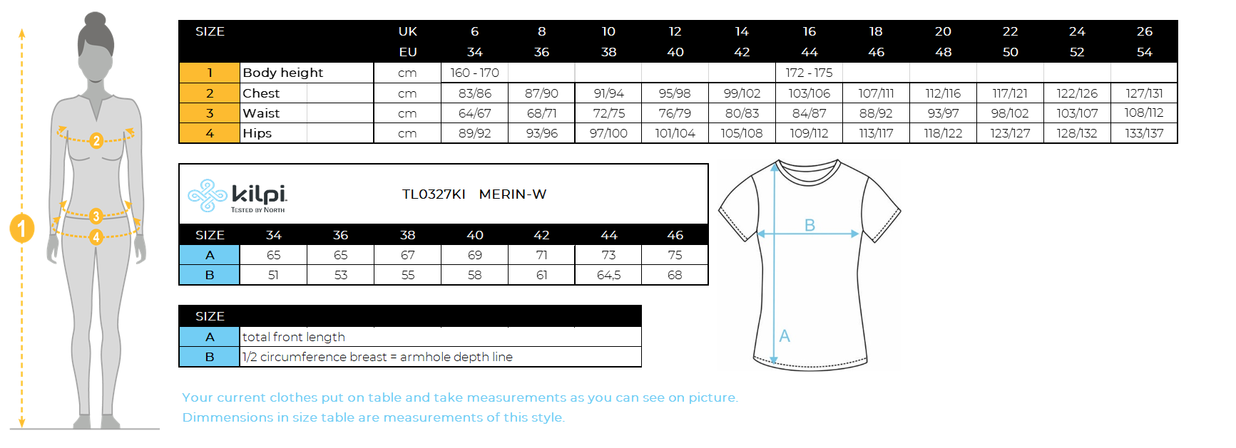Women´s base layer Kilpi MERIN-W – Size chart