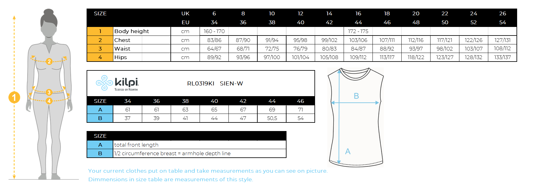 Women´s technical top Kilpi SIEN-W – Size chart