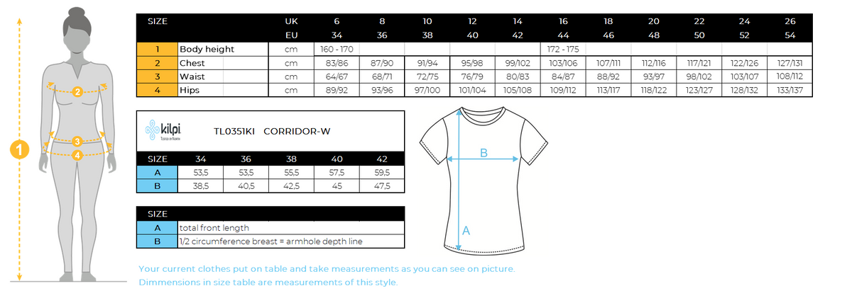 Damen-Radtrikot Kilpi CORRIDOR-W – Größentabelle
