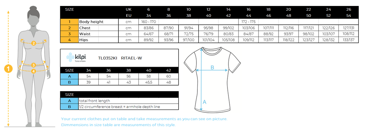 Damen-Radtrikot Kilpi RITAEL-W – Größentabelle