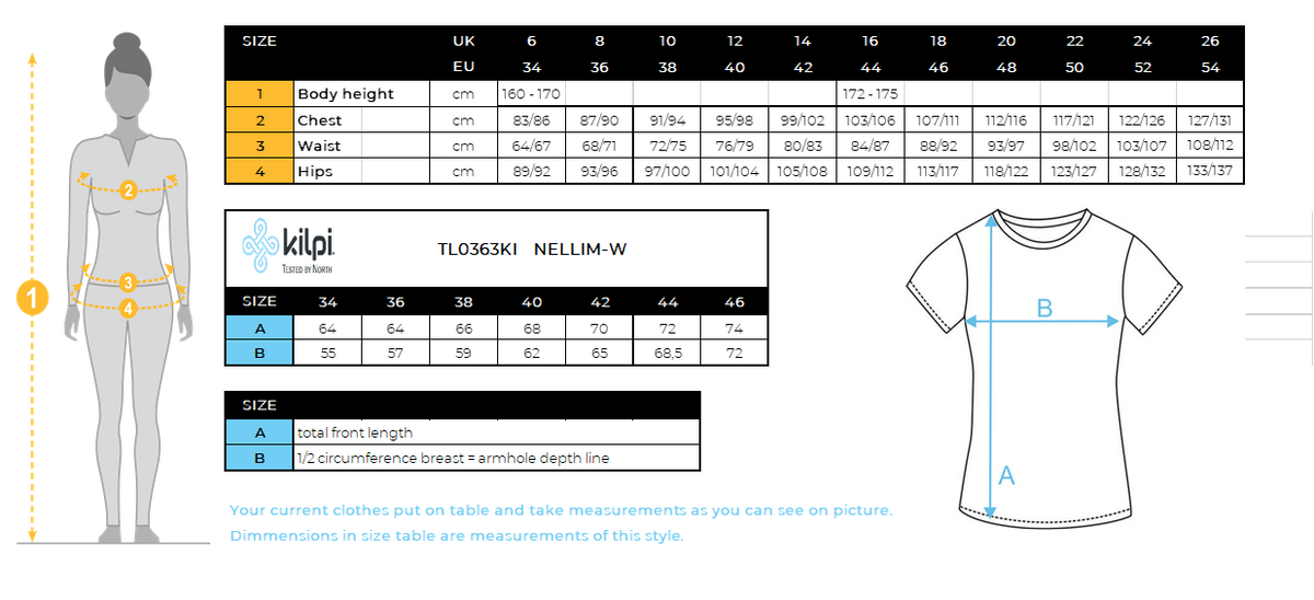 Women´s cotton t-shirt Kilpi NELLIM-W – Size chart