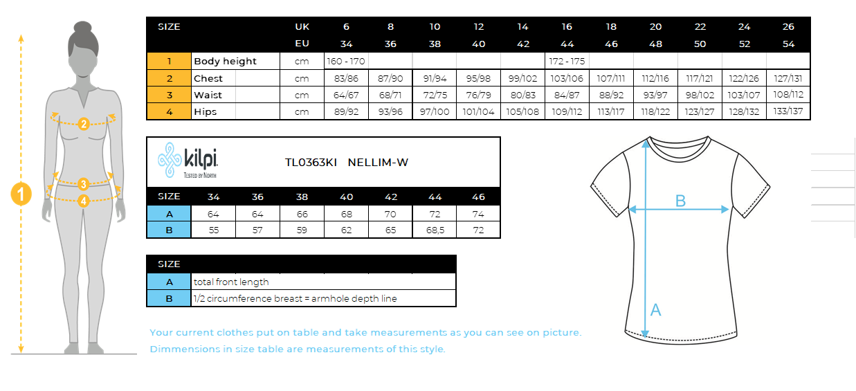 Women´s cotton t-shirt Kilpi NELLIM-W – Size chart