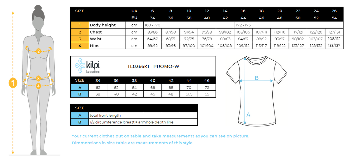Damen Baumwoll-T-Shirt Kilpi PROMO-W – Größentabelle