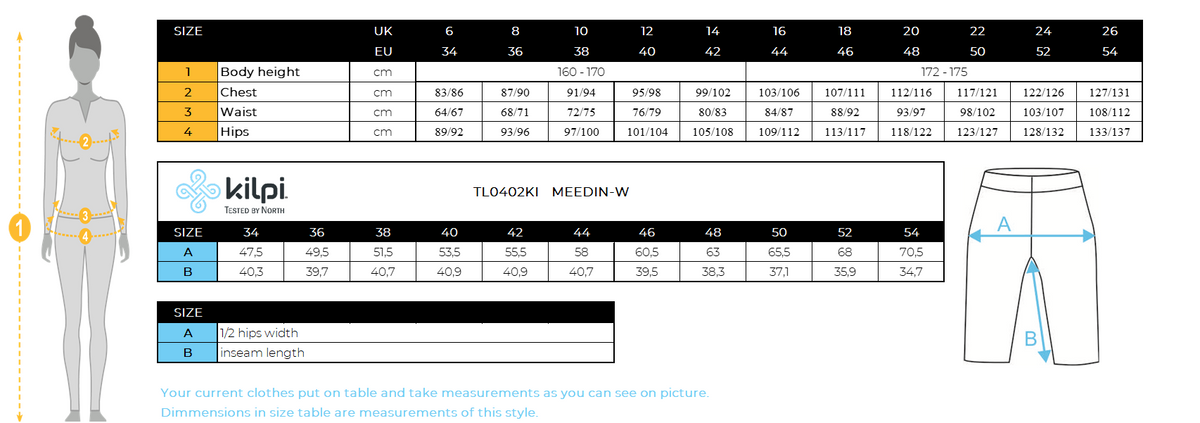 Damen 3/4 Outdoorhose Kilpi MEEDIN-W – Größentabelle