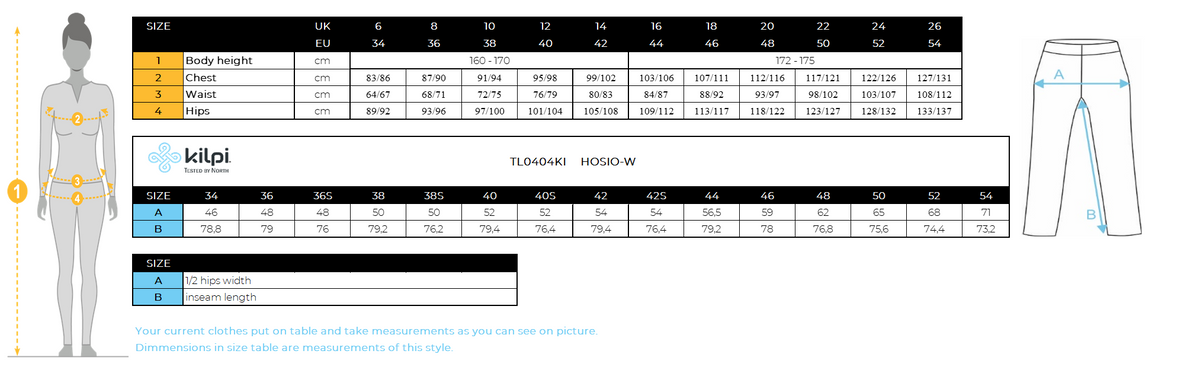 Damen-Outdoorhose Kilpi HOSIO-W – Größentabelle