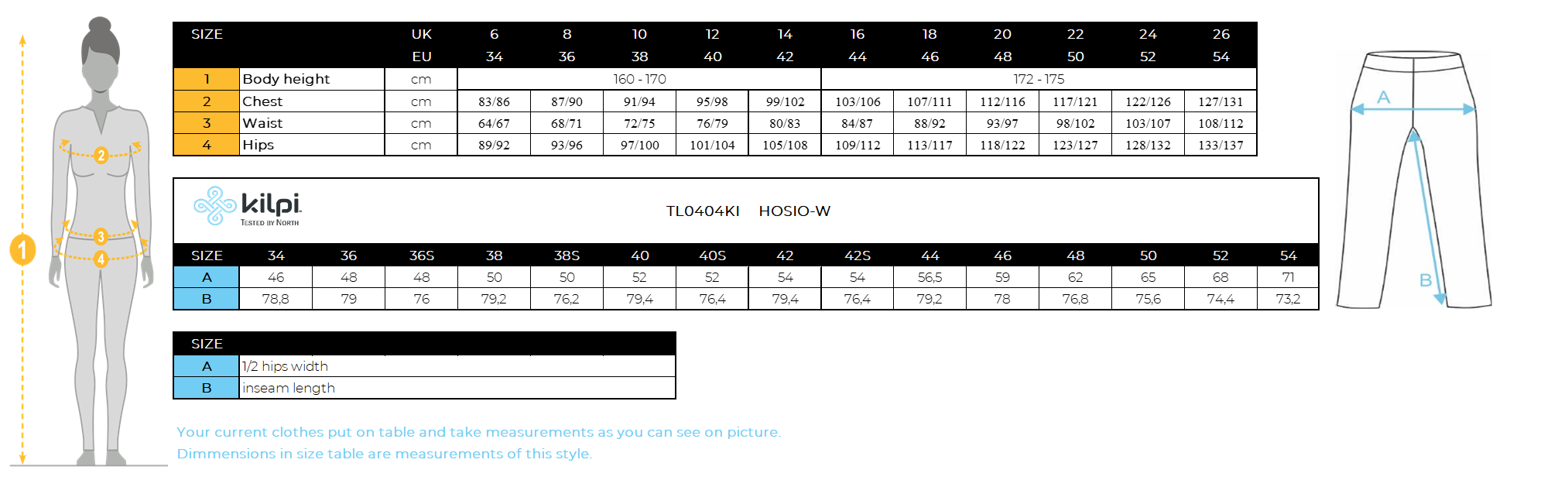 Damen-Outdoorhose Kilpi HOSIO-W – Größentabelle