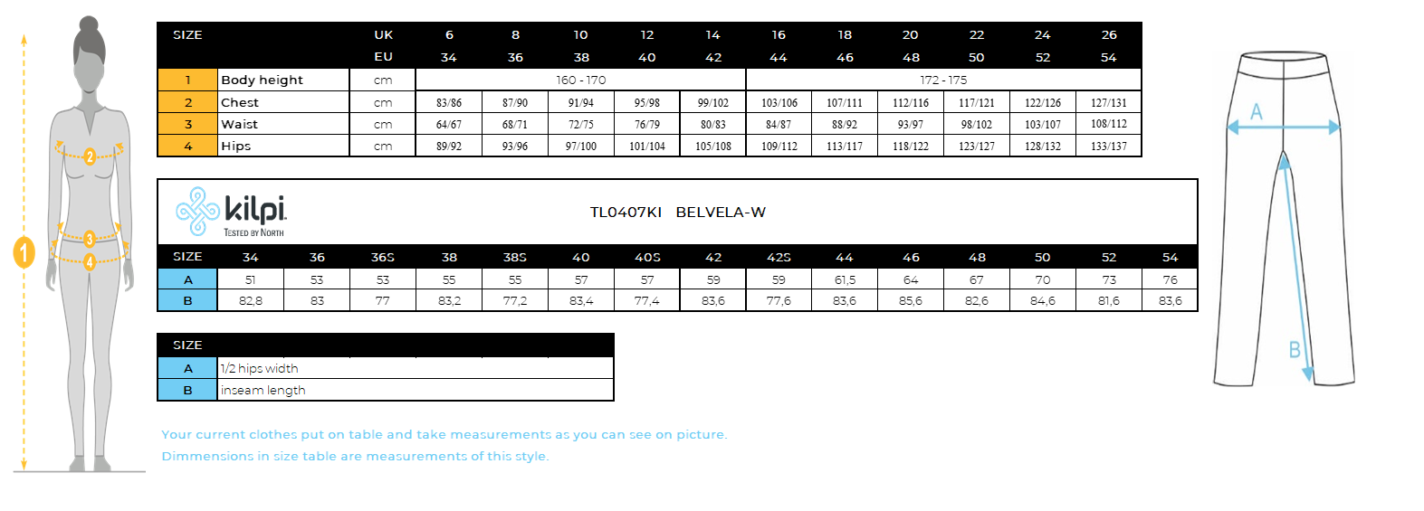 Women´s outdoor pants Kilpi BELVELA-W – Size chart