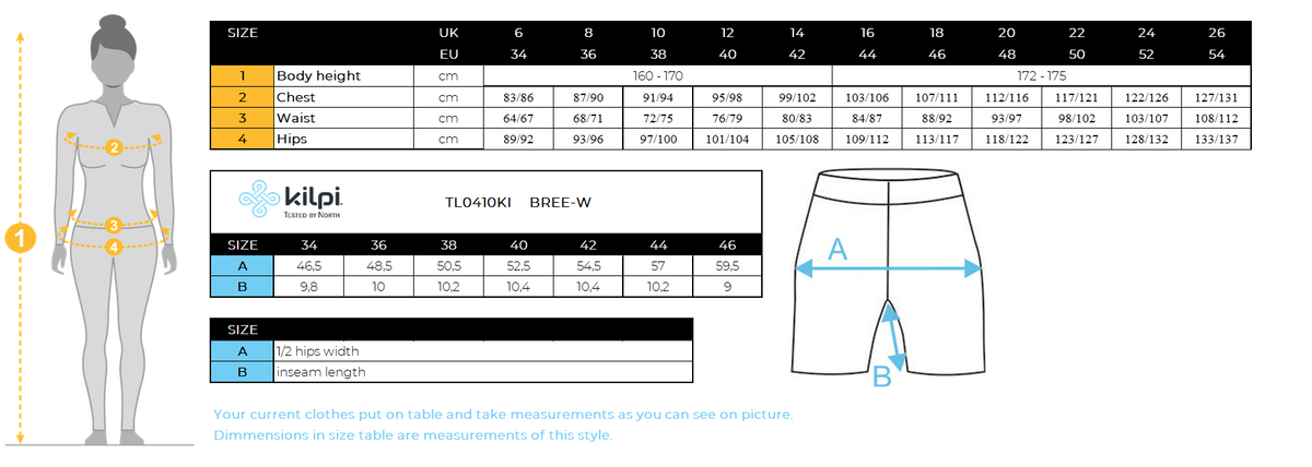 Damenshorts Kilpi BREE-W – Größentabelle