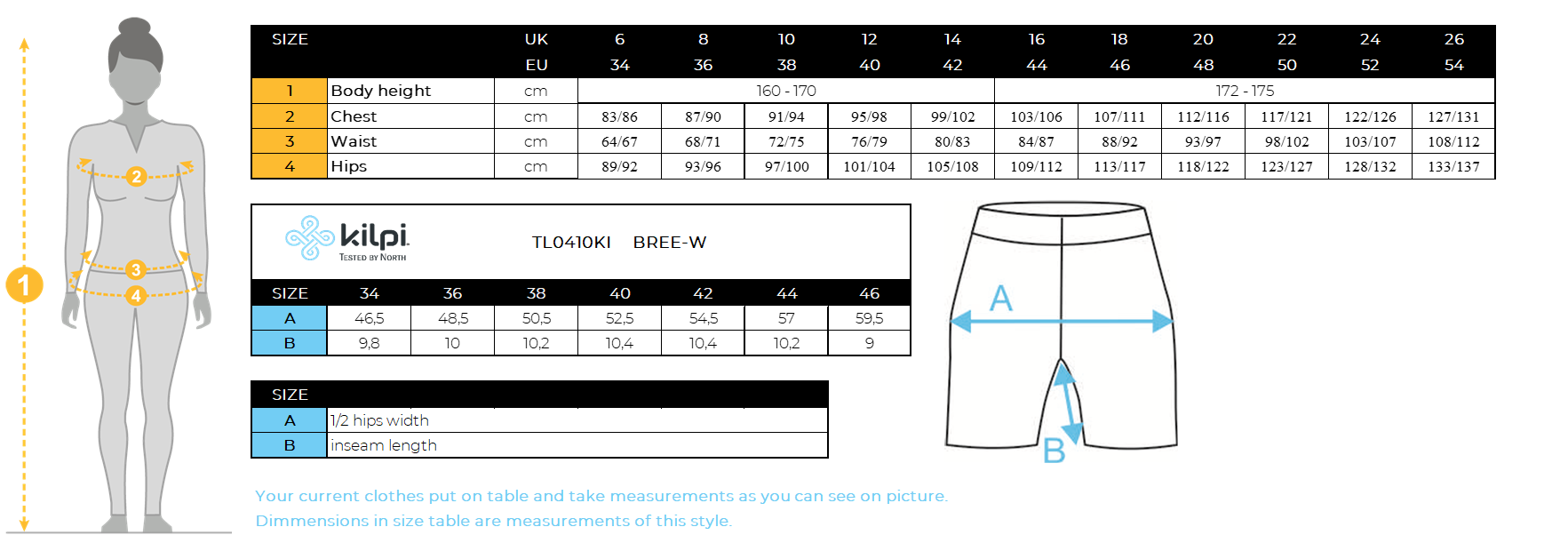 Damenshorts Kilpi BREE-W – Größentabelle