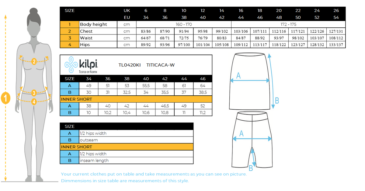 Damen Laufrock Kilpi TITICACA-W – Größentabelle