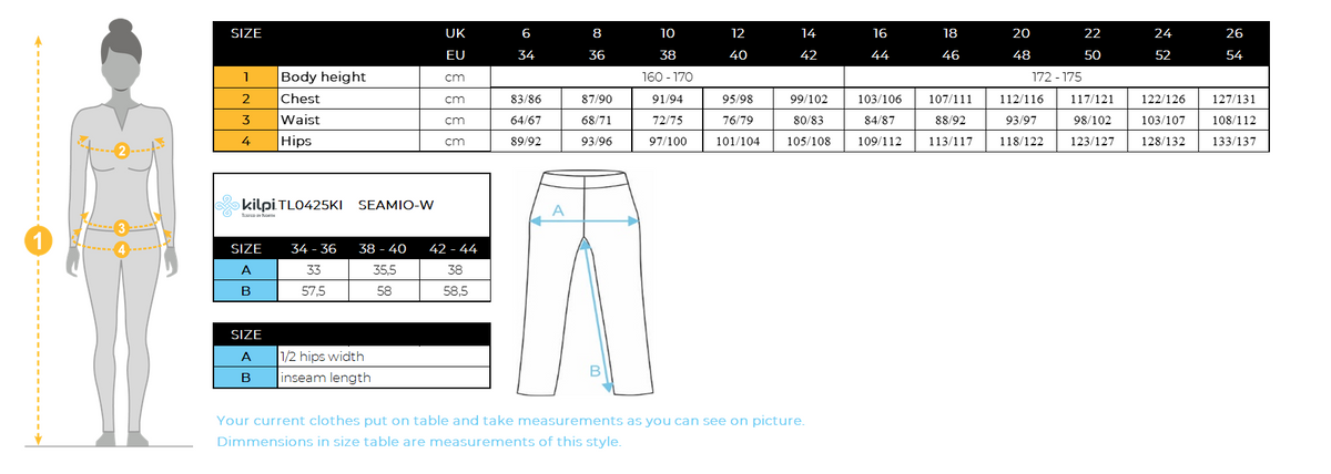 Women´s seamless leggings Kilpi SEAMIO-W – Size chart