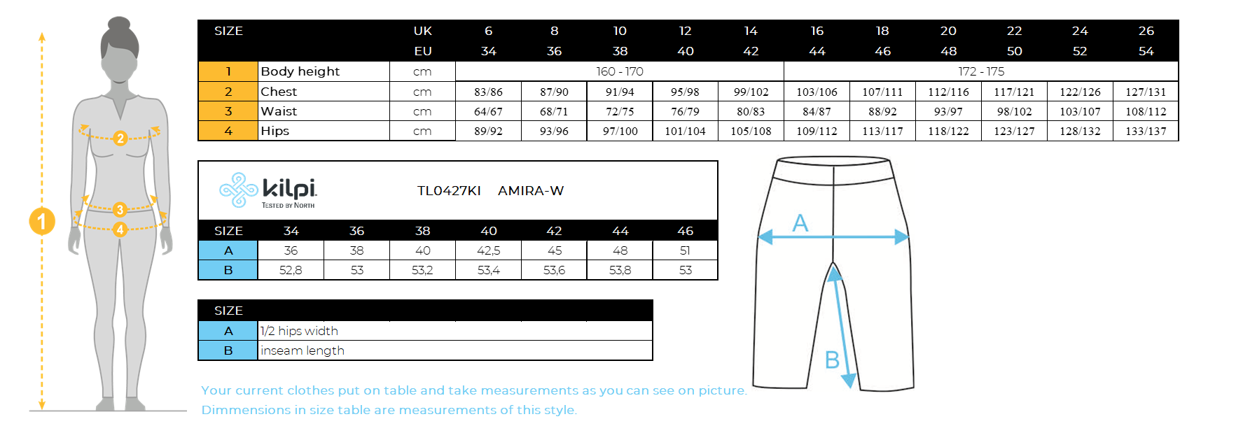 Women´s 3/4 leggings Kilpi AMIRA-W – Size chart