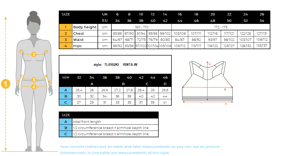 Damen-Sport-BH Kilpi RINTA-W – Größentabelle