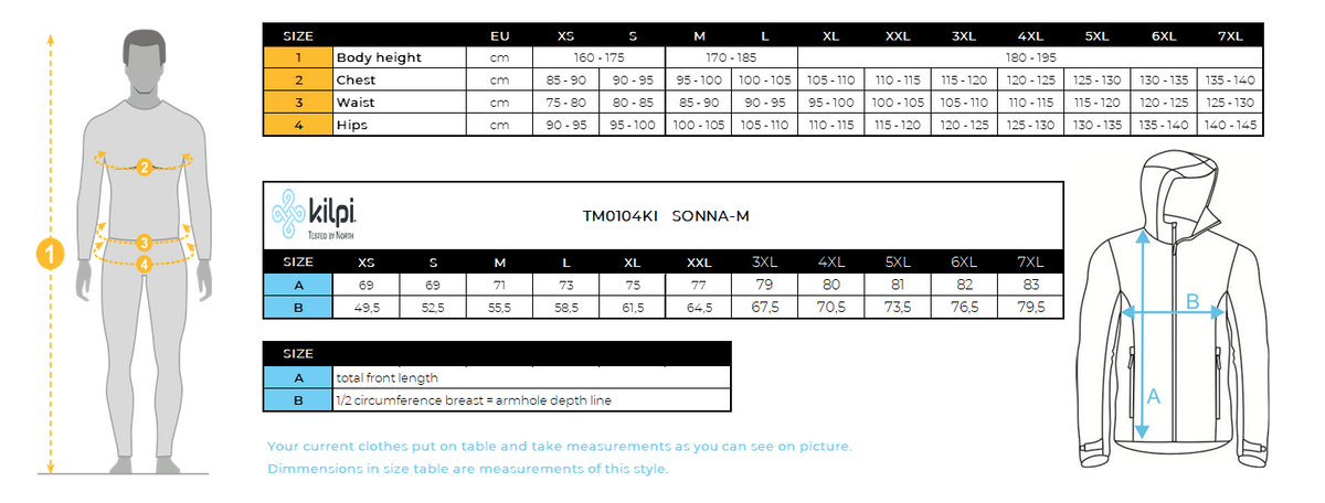 Men´s outdoor jacket Kilpi SONNA-M – Size chart