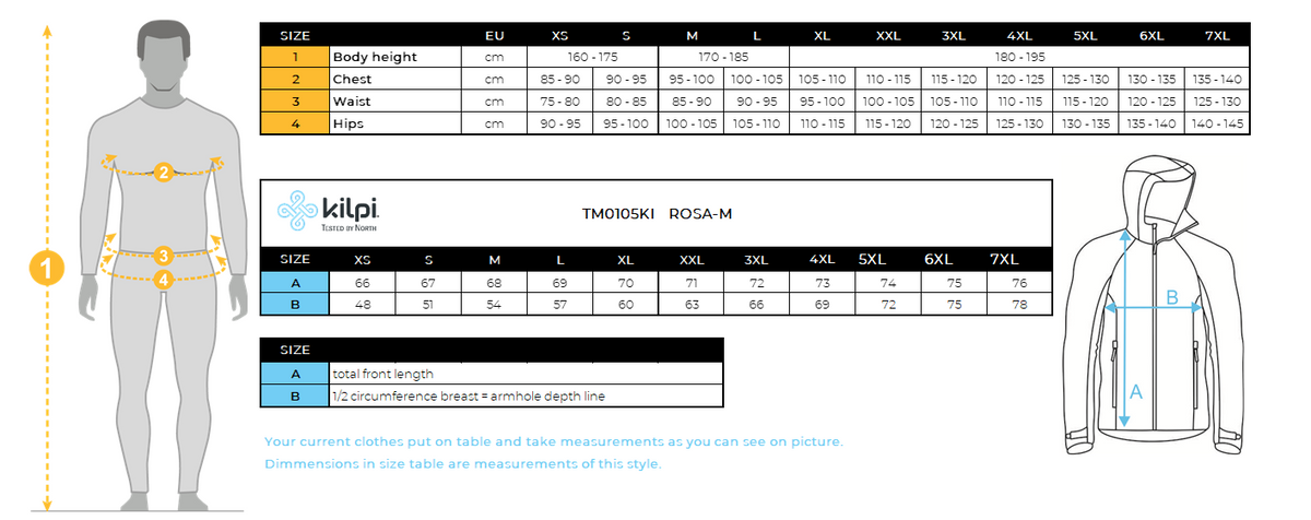 Herren Outdoor- oder Lauf-Windjacke Kilpi ROSA-M – Größentabelle